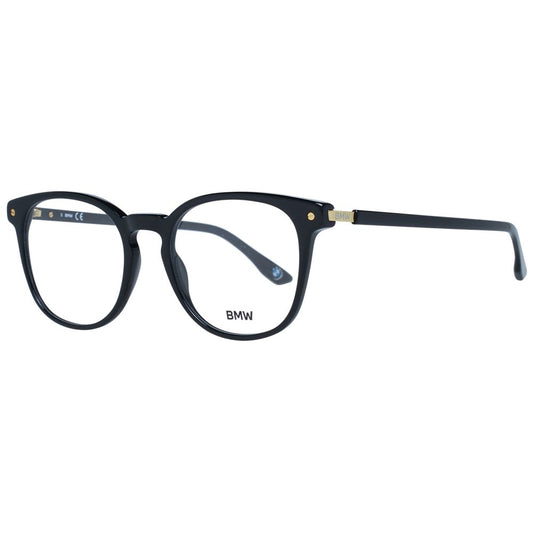 BMW Black Men Glasses Frame, full-rim round plastic eyeglasses for men with black frame and demo lenses, includes branded case.