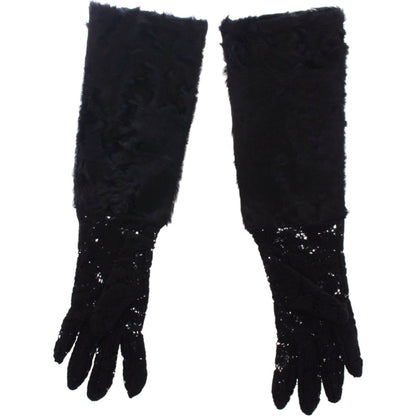 Dolce & Gabbana Black Lace Wool Lambskin Fur Elbow Gloves