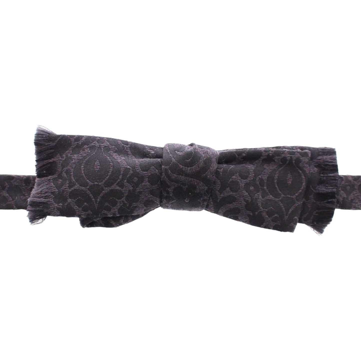 Dolce & Gabbana wool bow tie in black and gray with paisley baroque pattern, adjustable neck strap, made in Italy.