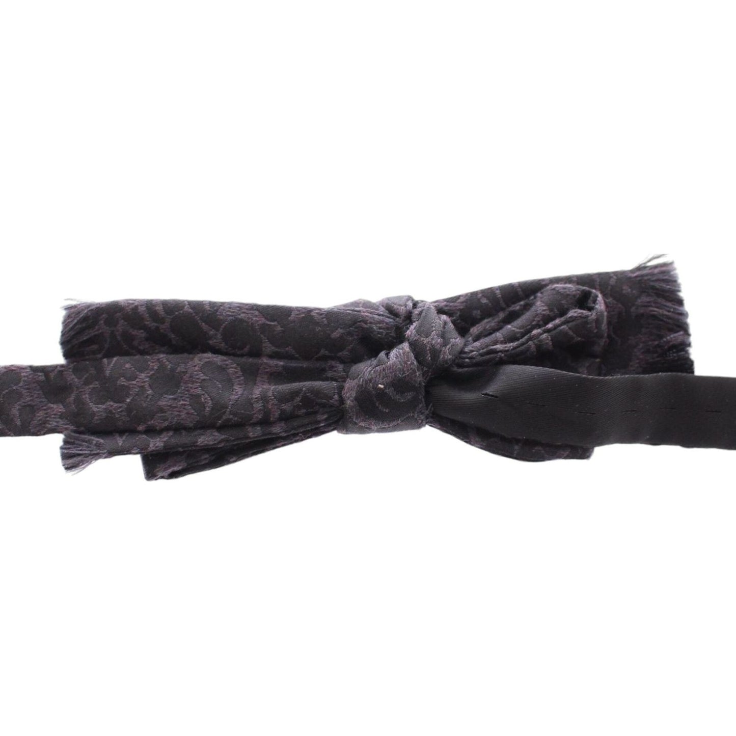 Dolce & Gabbana wool bow tie in gray black with paisley baroque pattern, 60% silk 40% wool, made in Italy, adjustable neck strap.