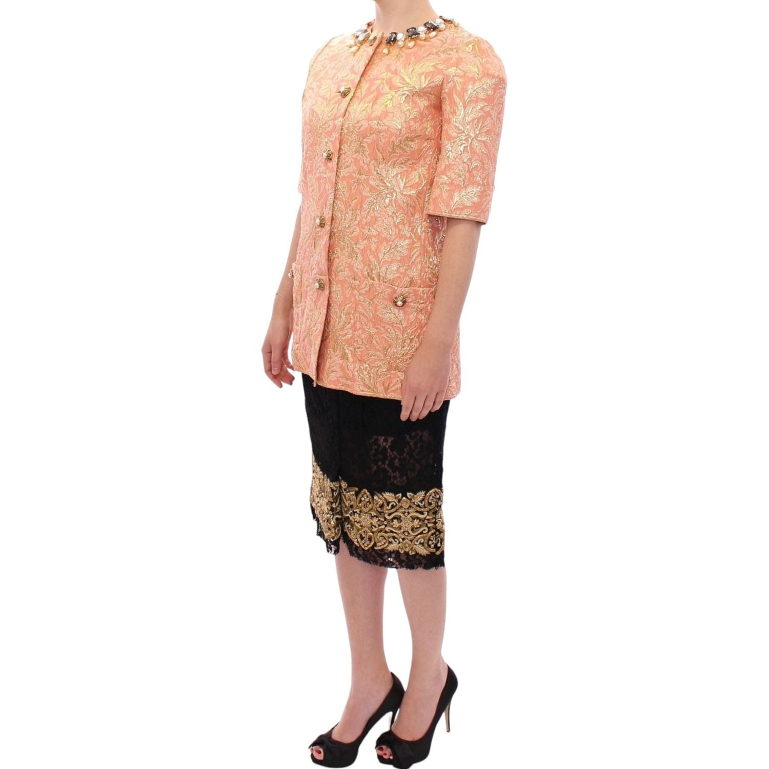 Dolce & Gabbana Pink Silk Brocade Crystal Jacket Coat