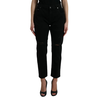 Dolce & Gabbana Black Cotton High Waist Tattered Denim Jeans