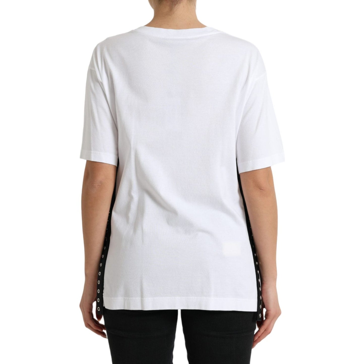 Dolce & Gabbana White Slogan Print Lacing Detailed T-shirt