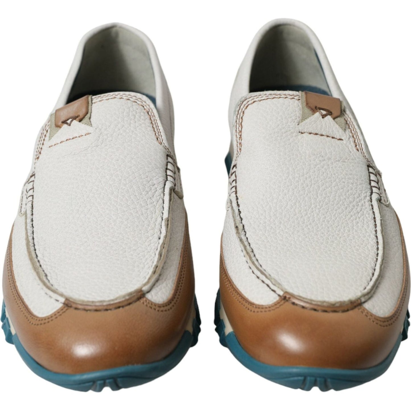 Dolce & Gabbana White Brown Leather Slip On Men Moccasin Shoes