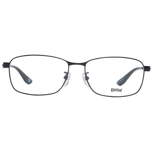 BMW Black Men Glasses Frame with titanium full-rim design, plastic demo lenses, and rectangular shape; includes branded case.