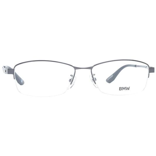 BMW Black Men Glasses Frame, half-rim titanium rectangle style with demo plastic lenses, size 55-16-145, includes branded case.