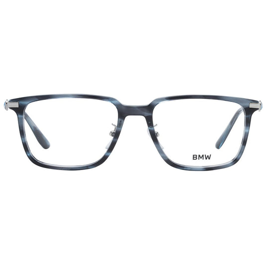 BMW Blue Men Glasses Frame in full-rim blue plastic with rectangular style and demo lenses, size 54-18-150, includes branded case.