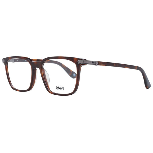 BMW Brown Men Glasses Frame, plastic full-rim, rectangle design, 53mm lens width, includes branded case, stylish eyewear for men.
