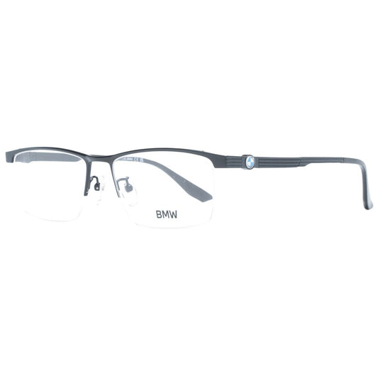 BMW Black Men Glasses Frame, black titanium half-rim, rectangle style with demo lenses, includes branded case, size 55-17-145.