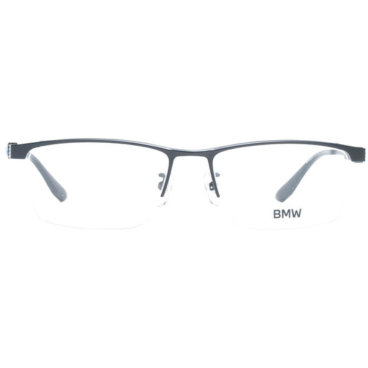 BMW Black Men Glasses Frame in titanium, half-rim style with demo plastic lenses in rectangle shape, size 55-17-145.