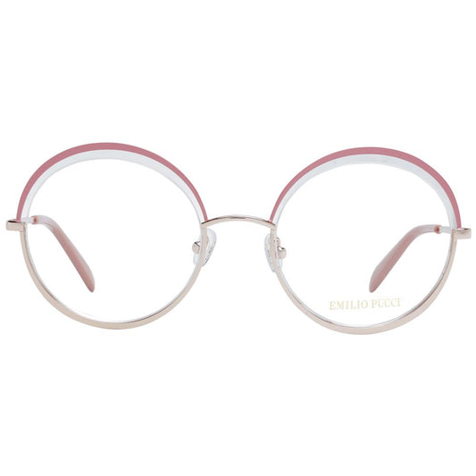 Emilio Pucci Pink Women Glasses Frame in rose color with metal half-rim style, round shape, and demo lenses.