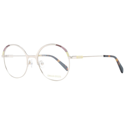 Emilio Pucci Gold Women Glasses Frame with full-rim metal frame and round design, includes branded case.