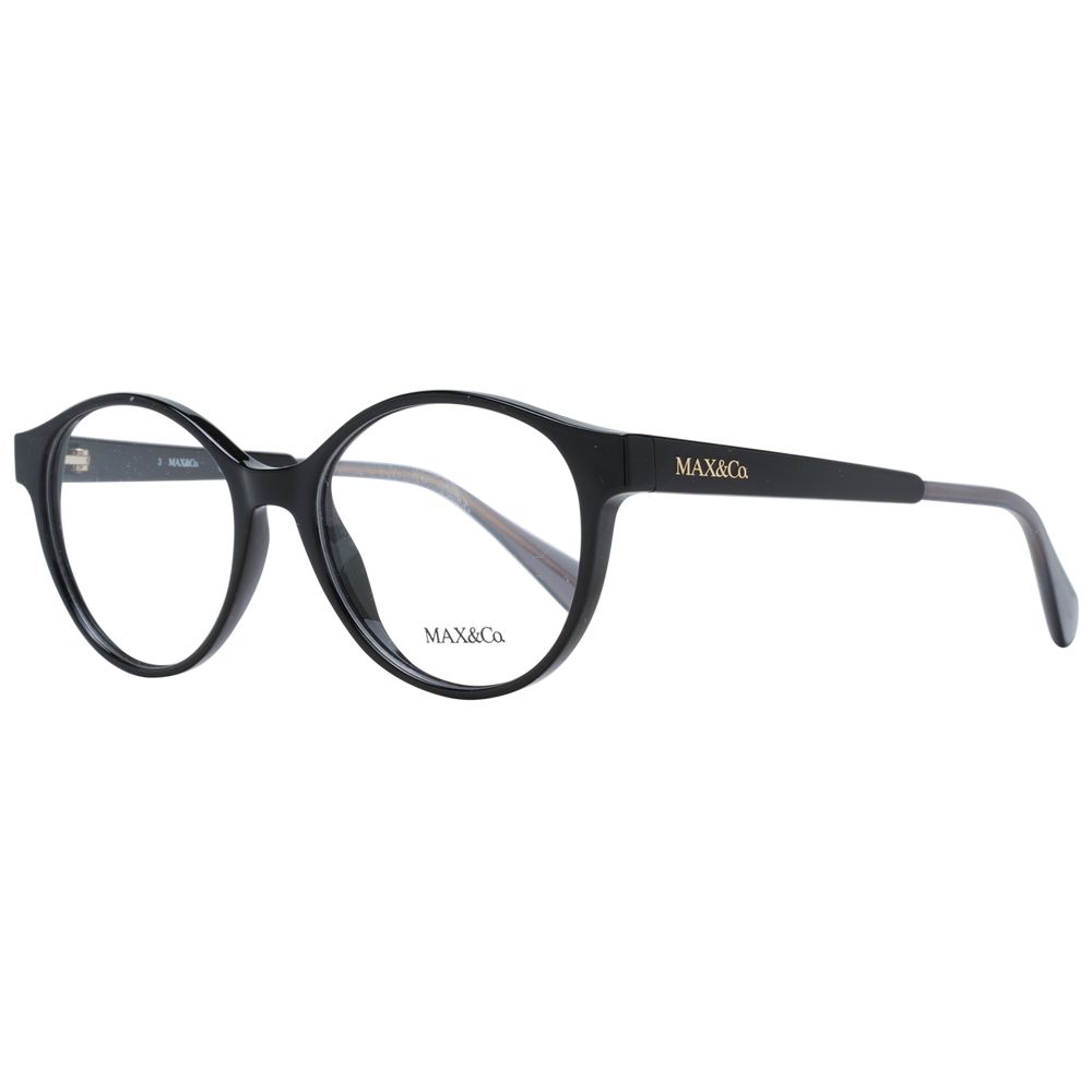Max & Co Black Women Glasses Frame with full-rim round design, plastic material, size 50-16-140, and demo lenses. Includes branded case.