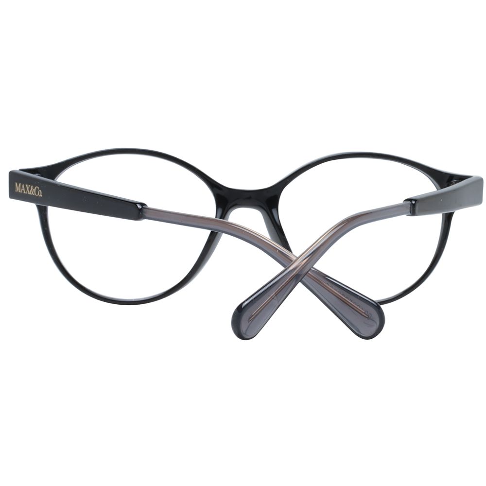 Max & Co Black Women Glasses Frame with black plastic full-rim, round style, demo lenses, includes branded case.