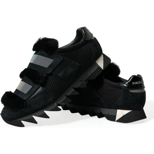 Dolce & Gabbana Black Fur Embellished Suede Sneakers Shoes
