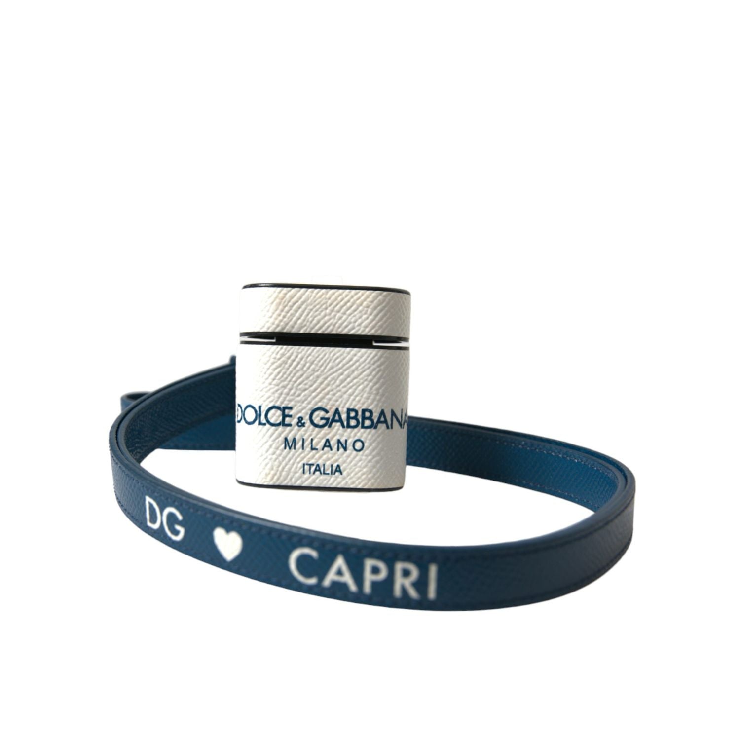 Dolce & Gabbana White Blue Calf Leather Logo Print Strap Airpods Case