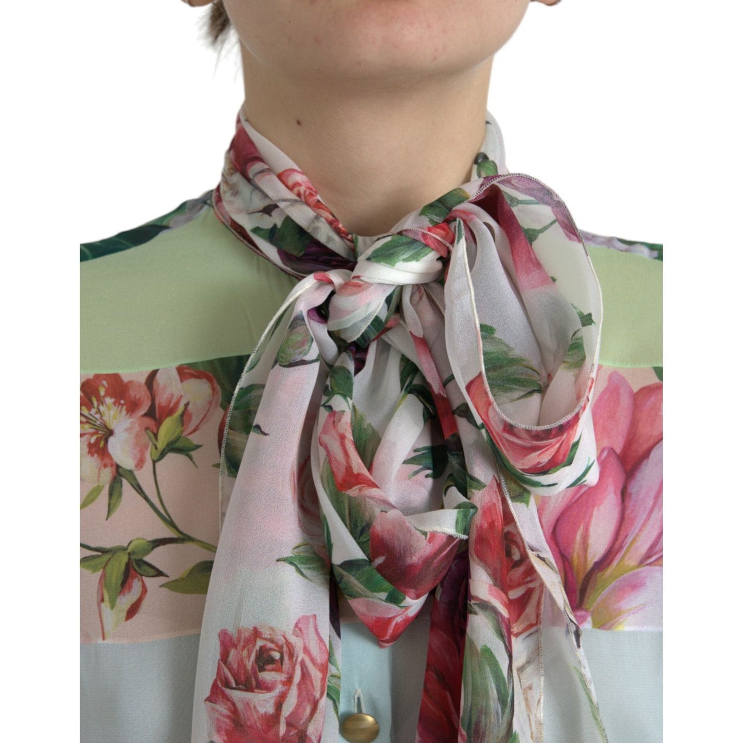 Dolce & Gabbana Multicolor Floral Patchwork Ascot Collar Top