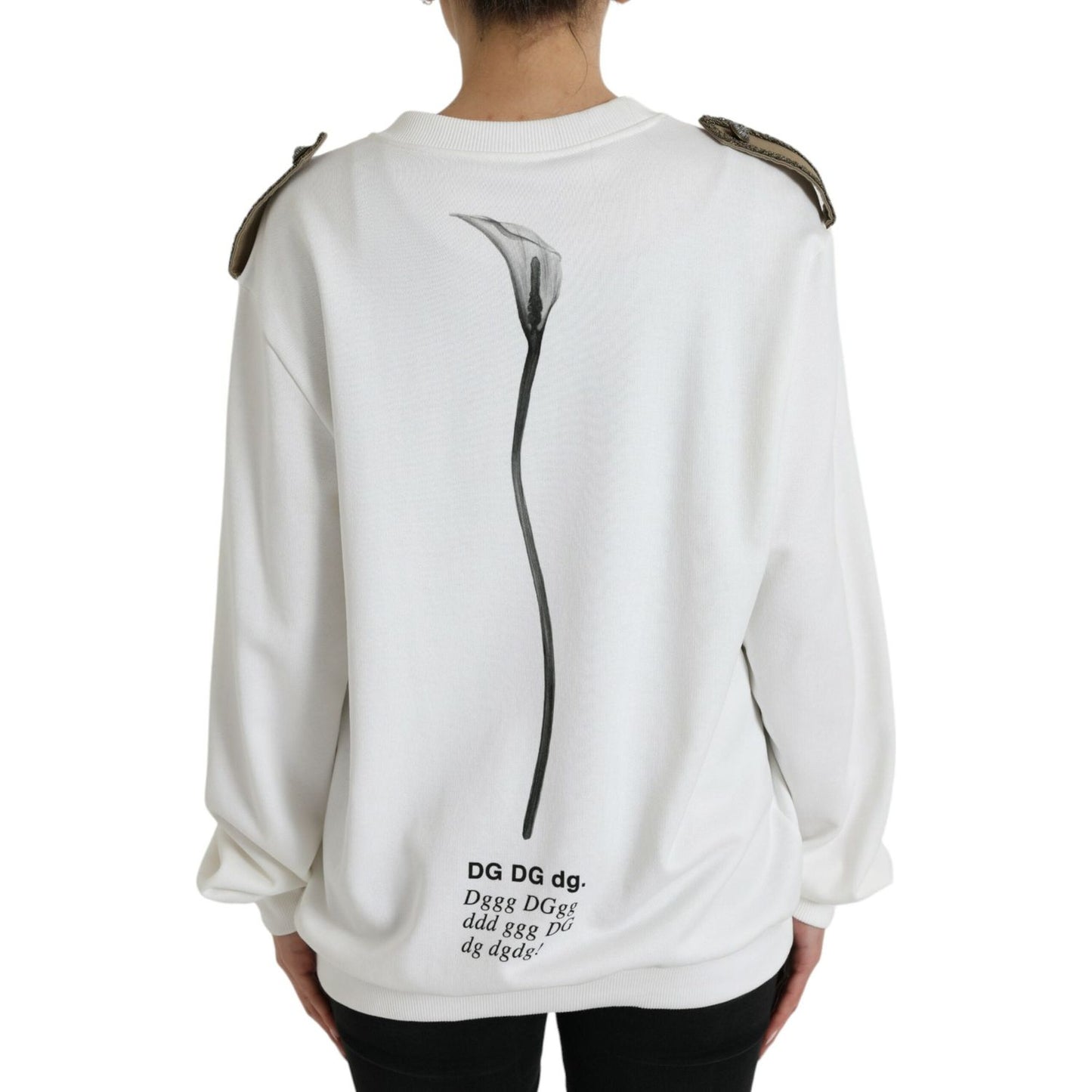 Dolce & Gabbana White Floral Cotton Crew Neck Pullover Sweater