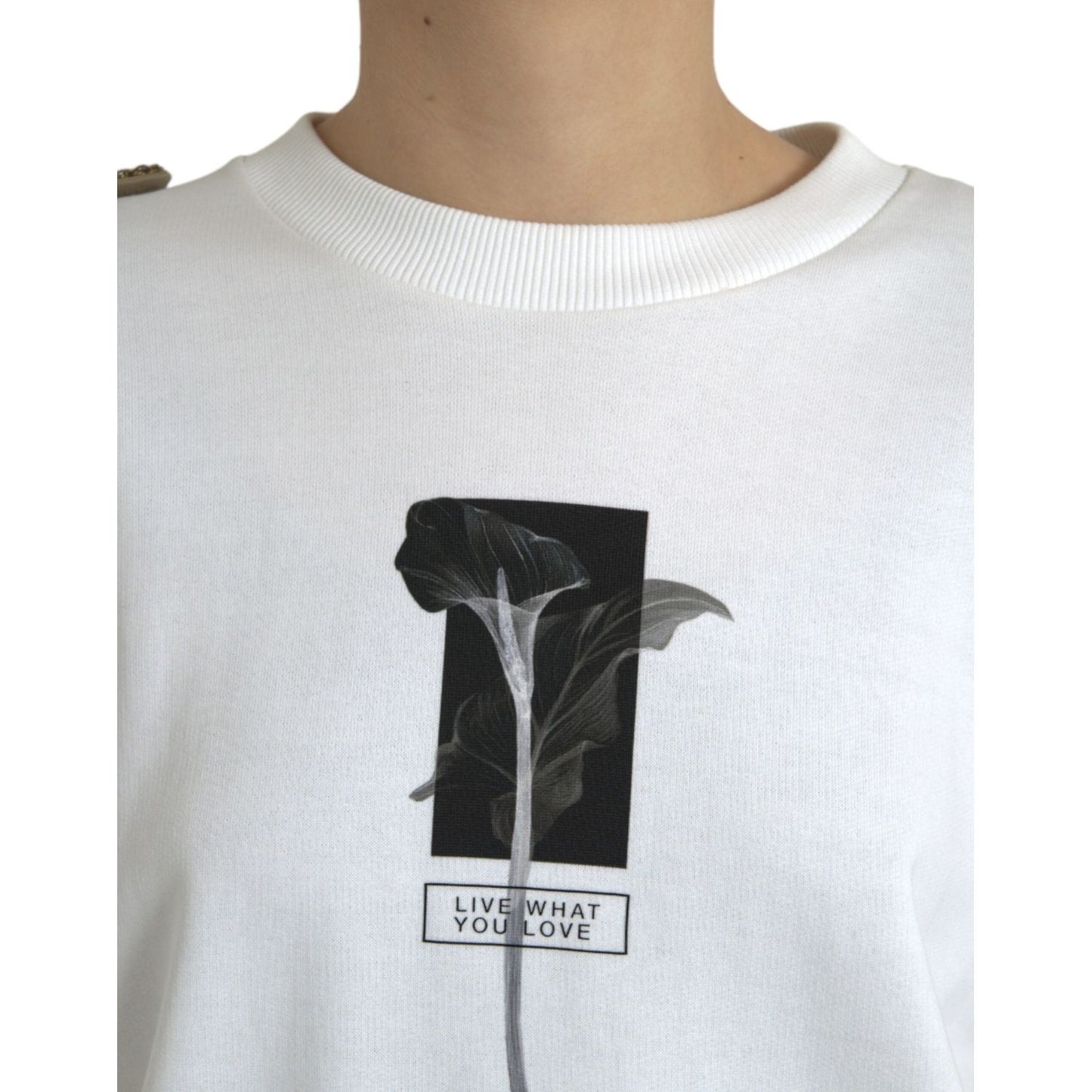 Dolce & Gabbana White Floral Cotton Crew Neck Pullover Sweater