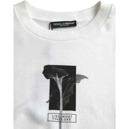 Dolce & Gabbana White Floral Cotton Crew Neck Pullover Sweater