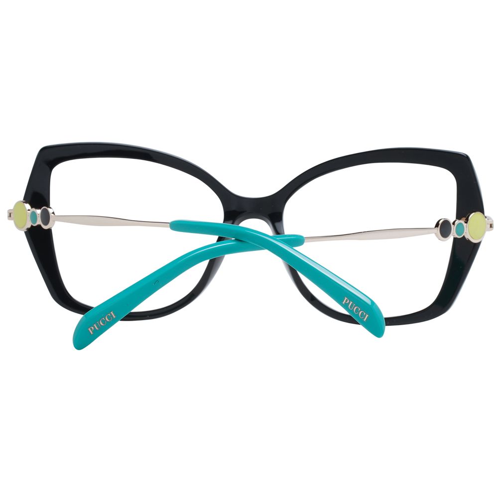 Emilio Pucci Black Women Glasses Frame in butterfly style with full-rim plastic design and teal temples. Includes branded case.