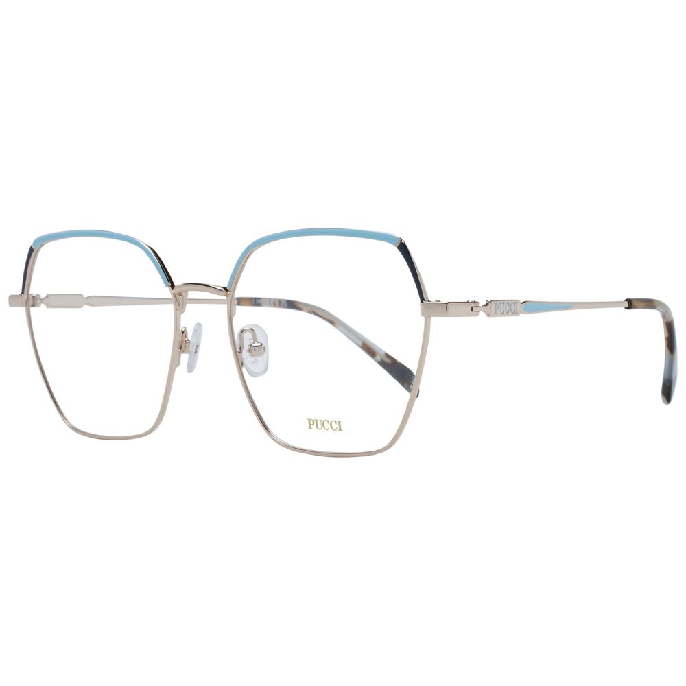 Emilio Pucci Gold Women Glasses Frame in full-rim metal, square style with demo plastic lenses, size 54-17-140, includes branded case.