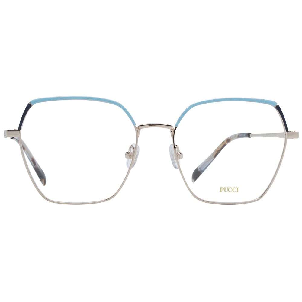 Emilio Pucci Gold Women Glasses Frame, metal full-rim square design, demo lenses, includes branded case.