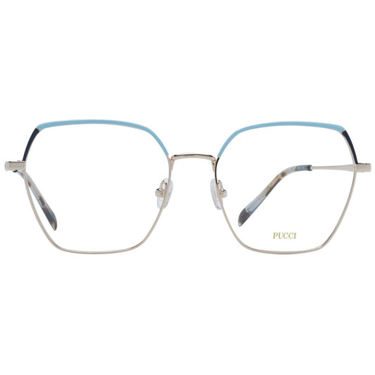 Emilio Pucci Gold Women Glasses Frame, metal full-rim square design, demo lenses, includes branded case.