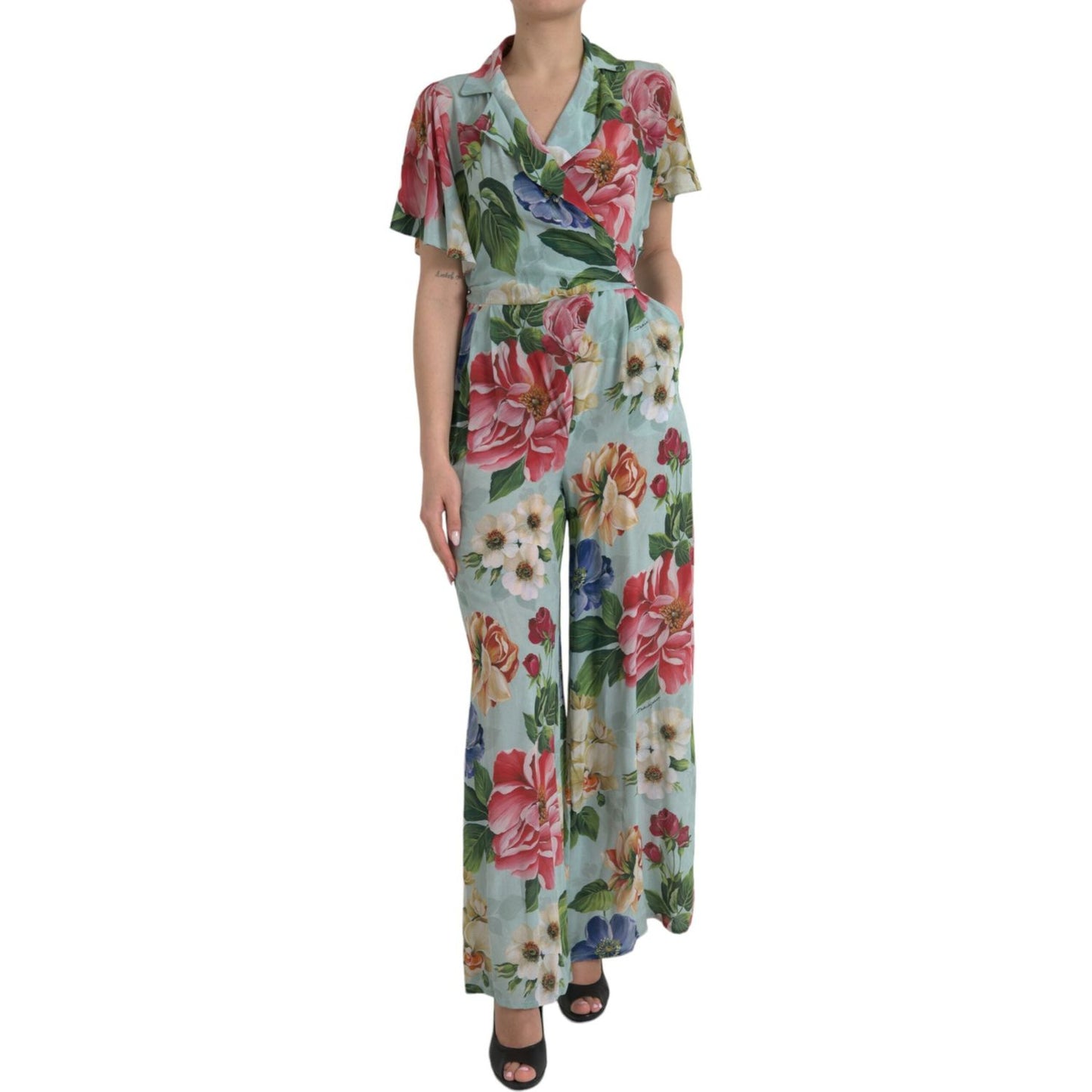 Dolce & Gabbana Blue Floral Wide Leg Wrap Jumpsuit Dress