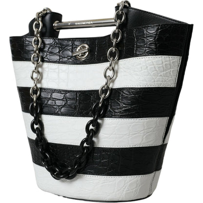 Balenciaga Black White Striped Exotic Skin Leather Maxi Bucket Tote Bag