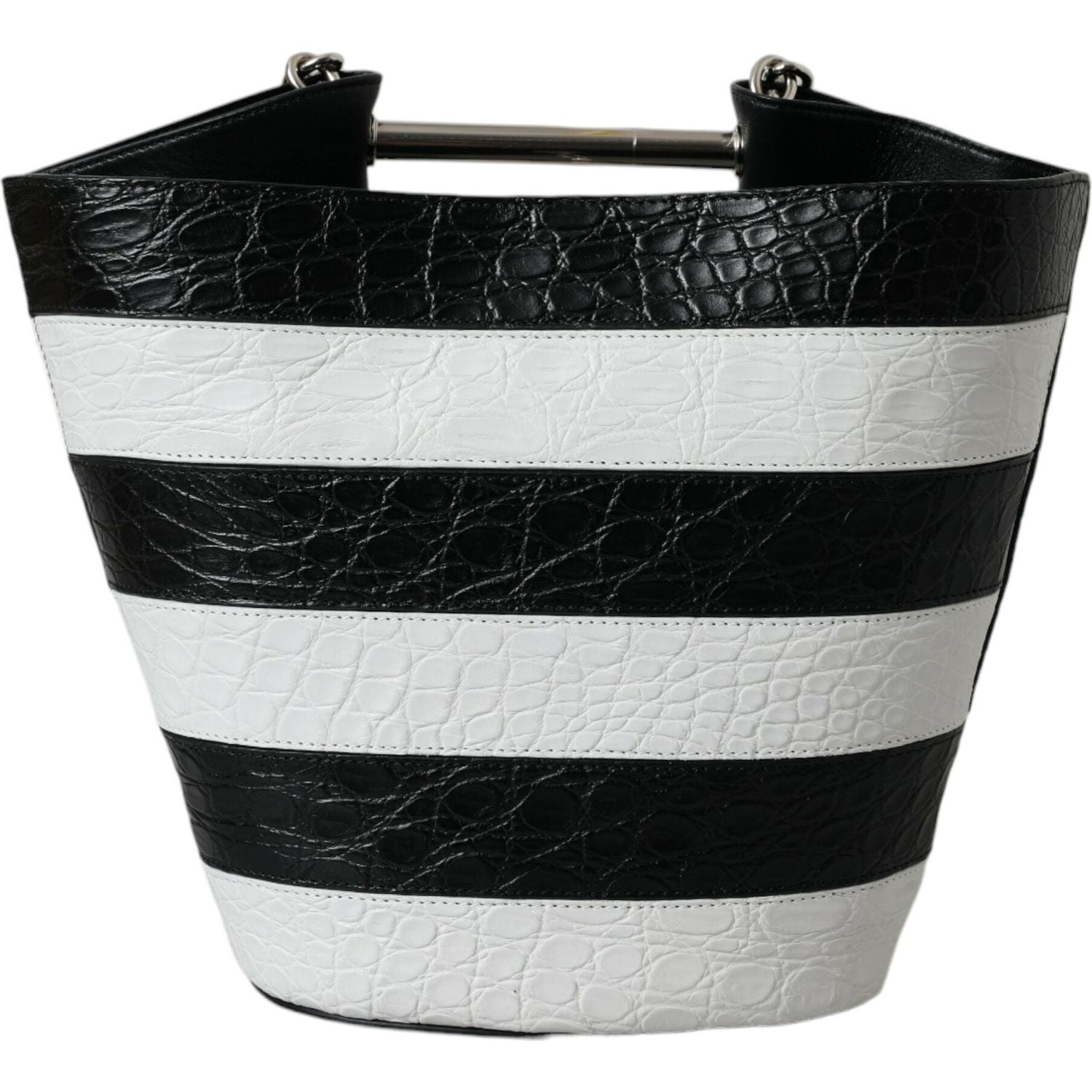 Balenciaga Black White Striped Exotic Skin Leather Maxi Bucket Tote Bag