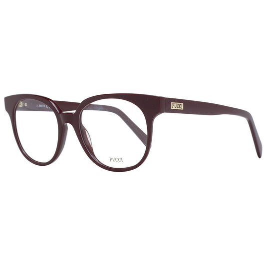 Emilio Pucci Burgundy Women Glasses Frame in full-rim plastic with demo lenses and branded case, stylish round design.