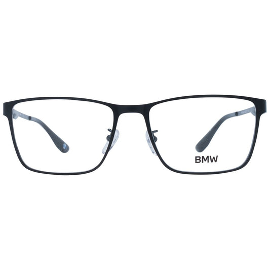 Alt Tag: BMW Black Men Glasses Frame - full-rim metal design with demo plastic lenses, 55-17-145 size, rectangle style, includes branded case.
