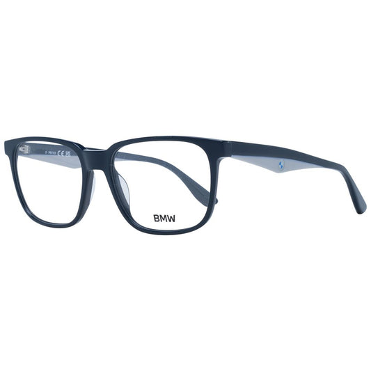 BMW Blue Men Glasses Frame with full-rim blue plastic design, demo lenses, 55-17-145 size, includes branded case.