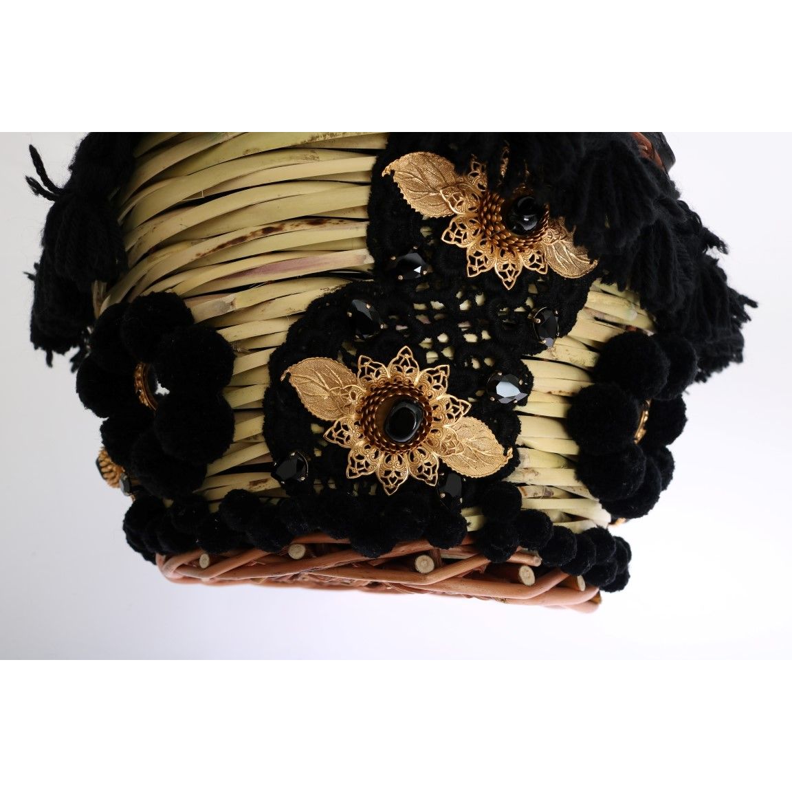 Dolce & Gabbana Beige Straw Snakeskin Pom Pom Crystal AGNESE Bag