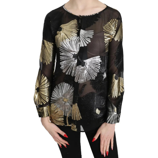 Dsquared² Gold Silver Silk Jacquard See Through Top Blouse TSH3487-40