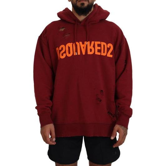 Dsquared² Maroon Cotton Tattered Hooded Printed Pullover Sweater TSH83483-48