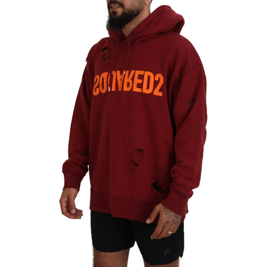 Dsquared² Maroon Cotton Tattered Hooded Printed Pullover Sweater TSH83483-48