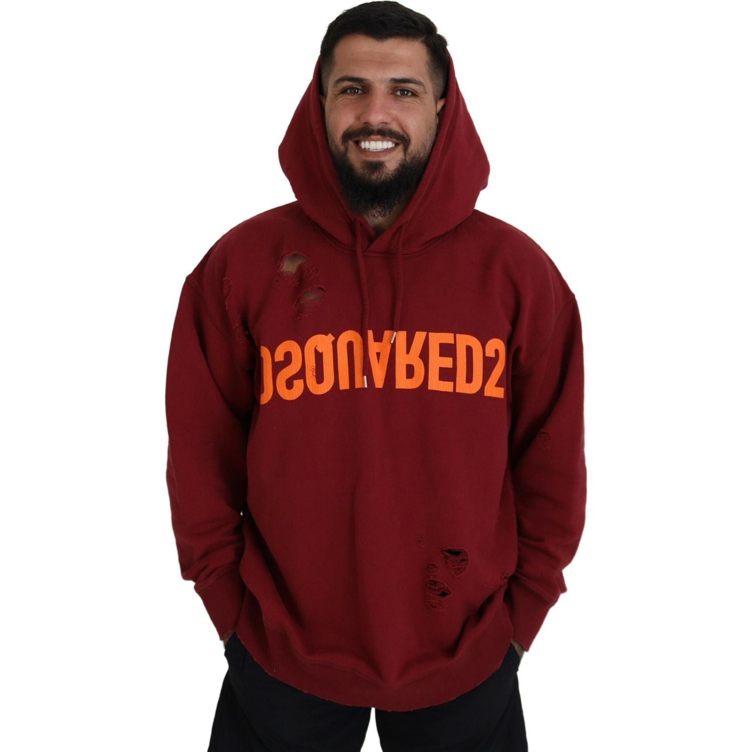 سترة صوفية مطبوعة بغطاء رأس ممزقة من القطن الكستنائي من Dsquared²