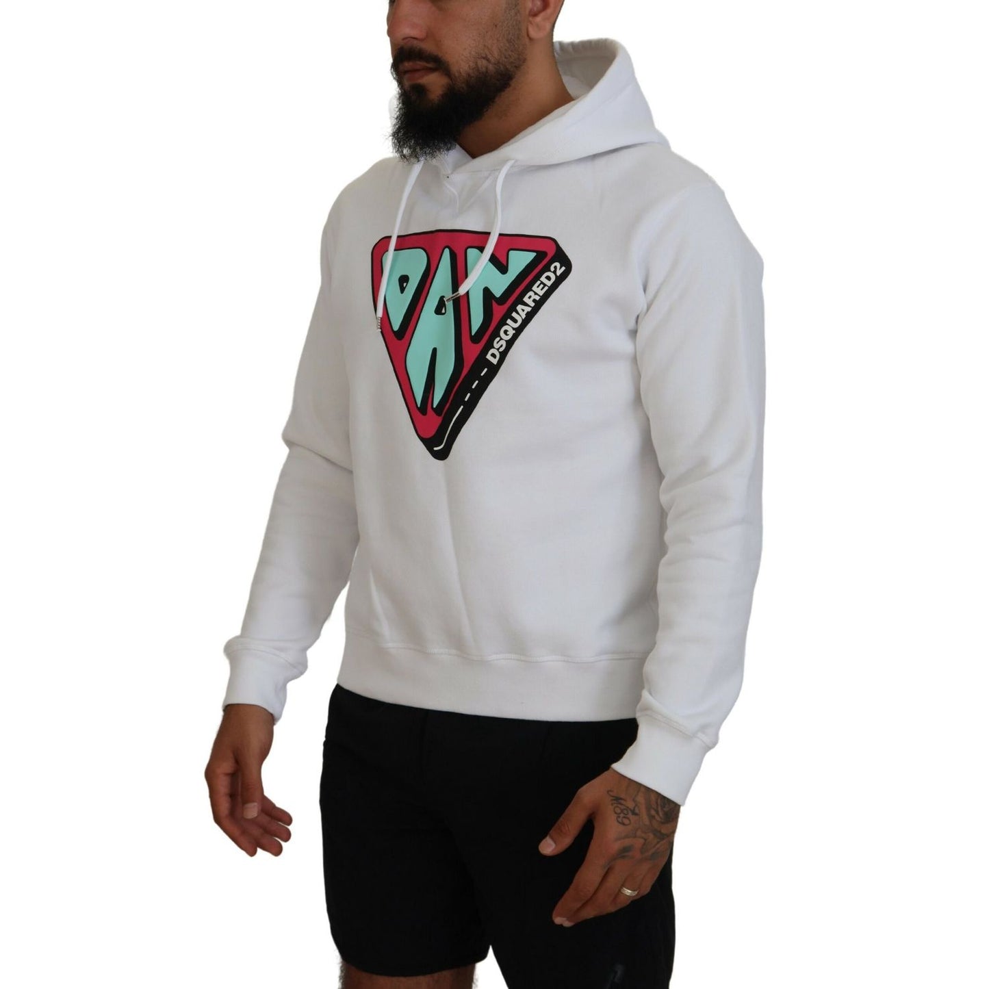 Dsquared² White Cotton Hooded Printed Pullover Sweater