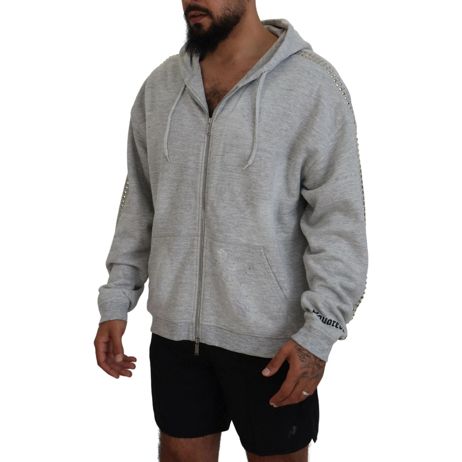 سترة رمادية بغطاء رأس مطبوعة مزينة بالكريستال من Dsquared²