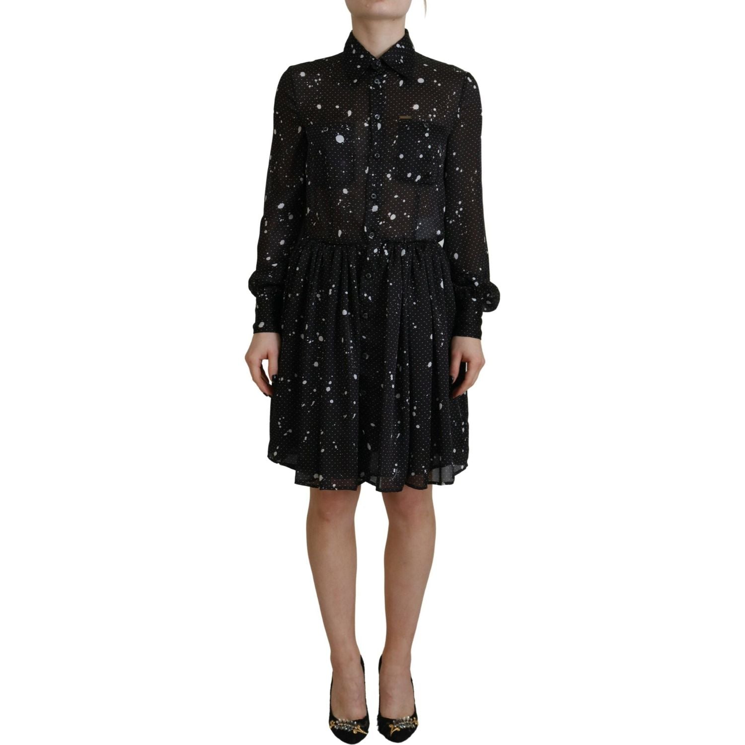 فستان Dsquared² أسود منقط بأكمام طويلة وأزرار