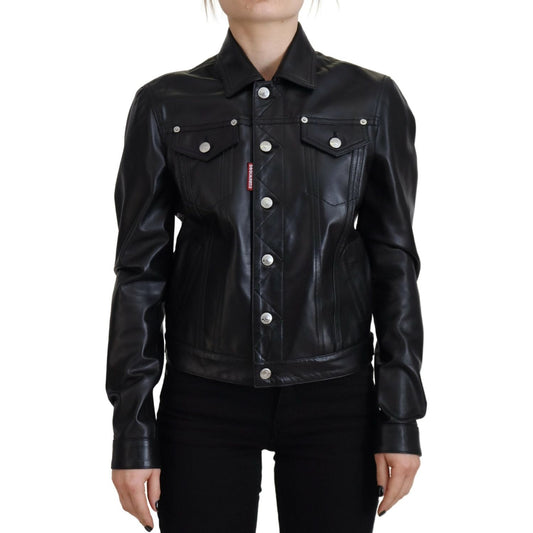 Dsquared² Black Leather Collared Long Sleeves Jacket JKT3519-38