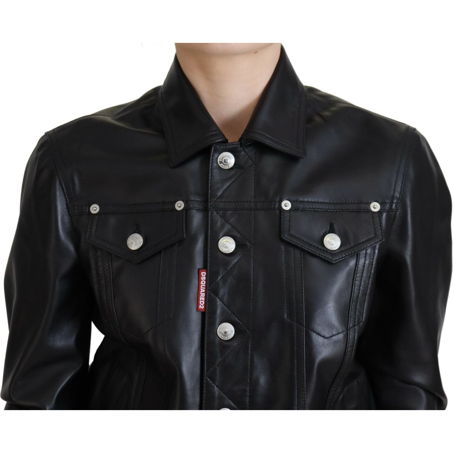 سترة Dsquared² جلدية سوداء بأكمام طويلة وياقة