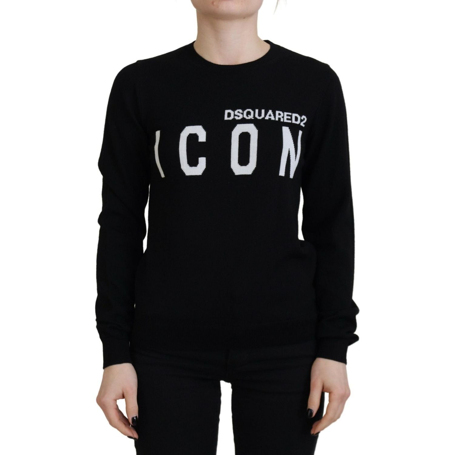 سترة Dsquared² من الصوف البكر الأسود بطبعة شعار وأكمام طويلة