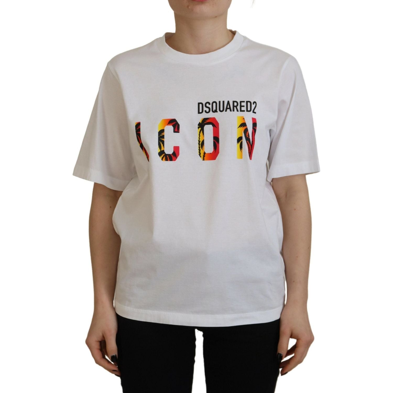 تي شيرت Dsquared² Icon East Tee أبيض من القطن اللامع برقبة دائرية