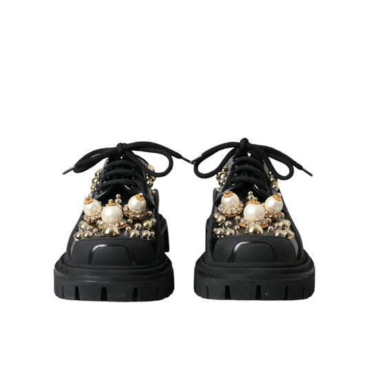 Dolce & Gabbana Black Leather Trekking Derby Embellished Shoes LA10843#1-36.5
