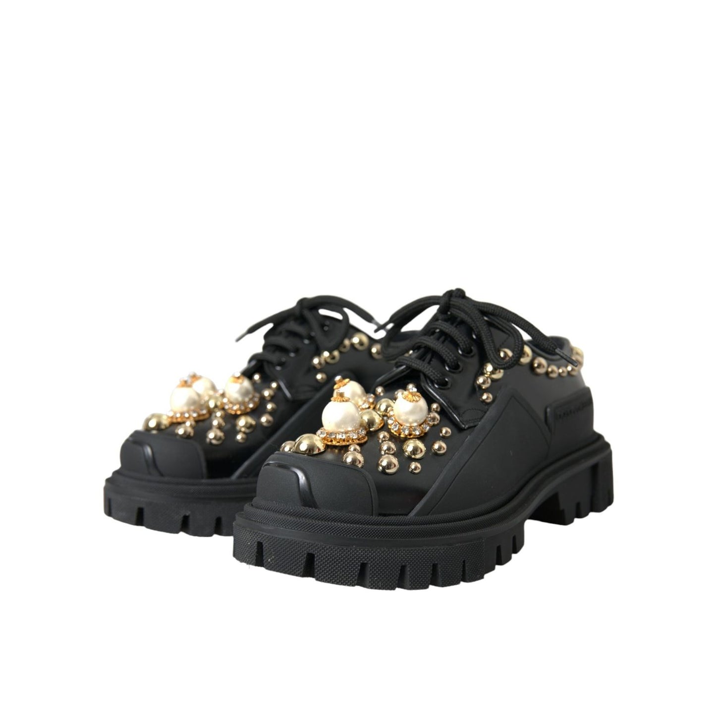Dolce & Gabbana Black Leather Trekking Derby Embellished Shoes LA10843#1-36.5