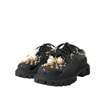 Dolce & Gabbana Black Leather Trekking Derby Embellished Shoes LA10843#1-36.5