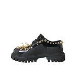 Dolce & Gabbana Black Leather Trekking Derby Embellished Shoes LA10843#1-36.5